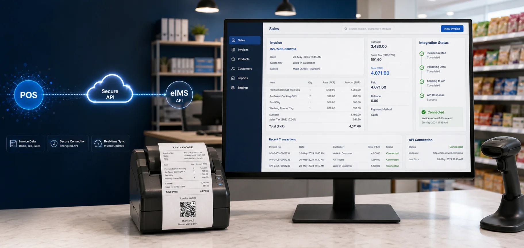 POS sales dashboard connected to eIMS through a secure API with a QR invoice receipt printer