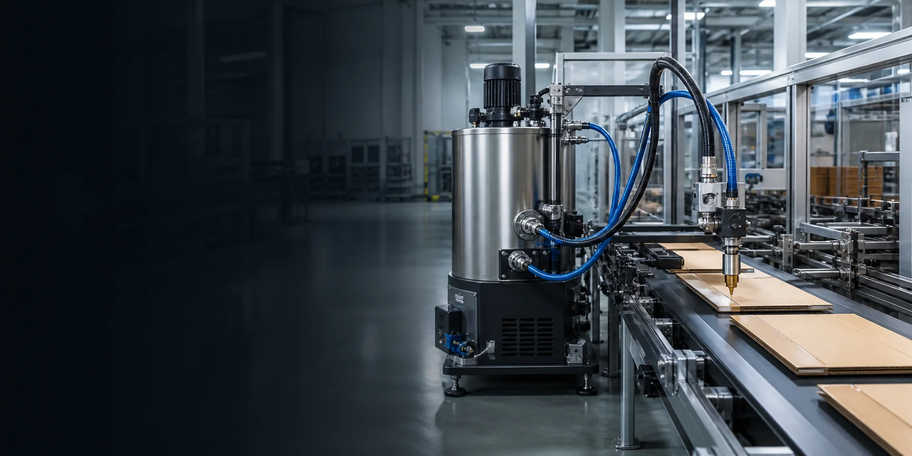 Industrial hot melt adhesive tank, heated hoses and dispensing applicator on a packaging line