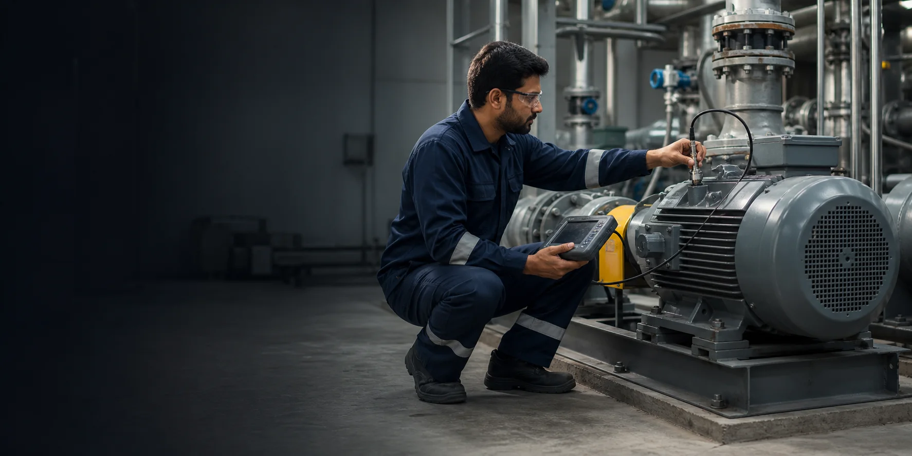 Reliability engineer taking a vibration reading on an industrial electric motor with a portable analyzer